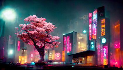 Fototapeta premium Fantasy Japanese night view city citycape, neon pink light, residential buildings, big sakura tree. Night urban anime fantasy setting downtown background. 3D illustration