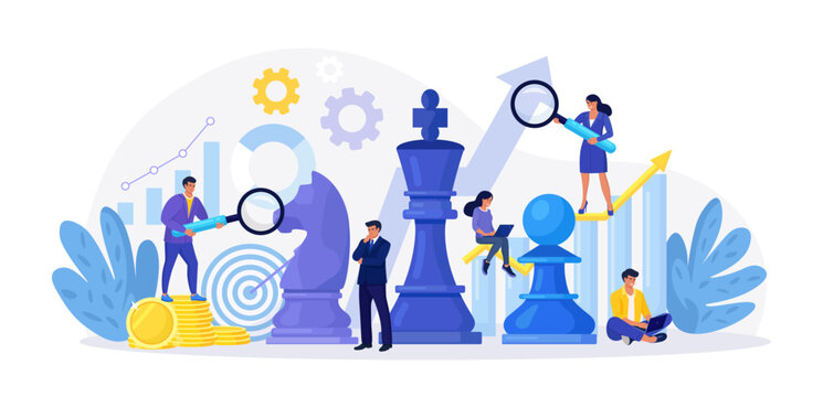 Business Strategy, Tactics. People Planning, Thinking and Discussing Business Goals, Targets. Businessman and Businesswoman with Chess Pieces. Competition, Successful Teamwork and Leadership