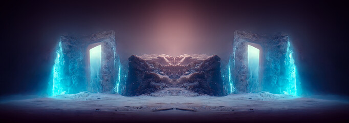 Abstract fantasy glacial winter cold neon landscape. Winter snowy landscape. Winter background, ice, Ice magic portal, light entrance. North polar relief. 3D illustration.