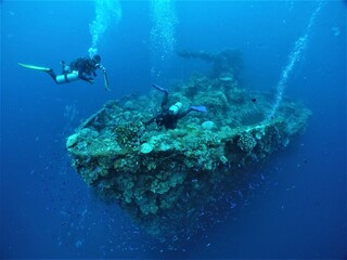 Famous wreck ship Fujikawa maru in Truk lagoon.