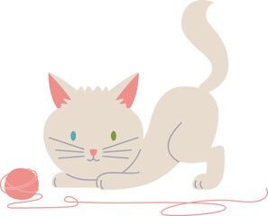 Kitten play with yarn ball. Cute white cat