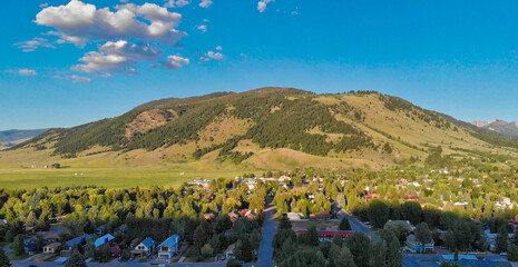 Amazing panoramic sunset aerial view of Jackson Hole cityscape in summertime, WY, USA - obrazy, fototapety, plakaty