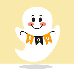 Flying ghost spirit holding bunting flag Boo. Happy Halloween. Scary white ghosts. Cute cartoon spooky character.