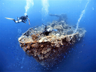 Famous wreck ship Fujikawa maru in Truk lagoon.