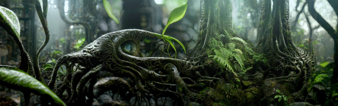alien jungle landscape with mysterious plants, digital illustration