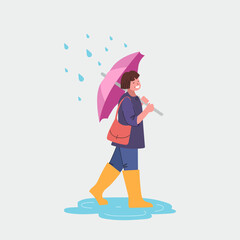Fototapeta premium A girl with an umbrella walks in the rain. Flat style vector illustration.