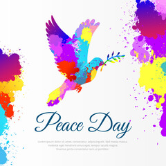 Naklejka premium Happy International peace day background design with pigeon flying and branch vector