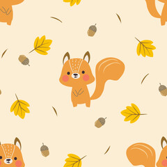 Cute Squirrel and Autumn Leaves Seamless Pattern.