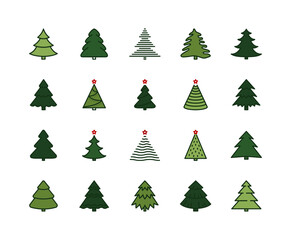 Forest tree flat line icons set. Christmas tree, spruce, pine symbol. Simple flat vector illustration for web site or mobile app