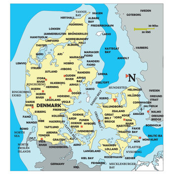 Map of Denmark, a European country, with all the states, river, and water bodies marked