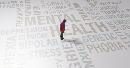 Sad woman bent down looks at mental health words on the floor, low poly 3d illustration 
