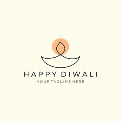 happy diwali or candle with minimalist linear style logo vector design icon template illustration