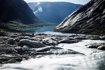 Gordijnen Fonte des glaciers suite au réchauffement climatique, glacier du Nigardsbreen © Boris V. 