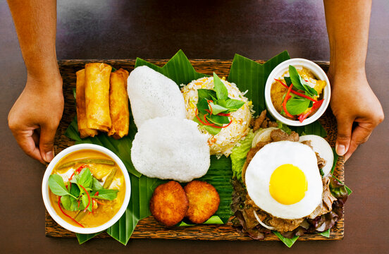 The Khmer Tasting Platter.  The Khmer Platter Features A Sampling Of Cambodian Specialties Like Fish Cakes, Spring Rolls, Fish Amok, Curry, Fried Rice, And Beef Lok Lok With Egg. Siem Reap, Cambodia.