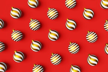 Christmas balls 3D pattern wallpaper top view flat lay red background. Xmas festive ornament realistic white gold glitter decoration toys. Winter holidays seasonal New Year screensaver backdrop banner