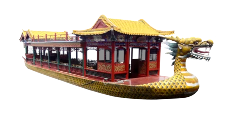 Gordijnen Cutout of an isolated ancient Chinese style dragon old wooden passenger ferry  with the transparent png background  © NuFa Studio