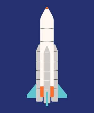 Space rocket in simple flat line vector style. Abstract trending colorful illustration, cosmos, ship, vessel, apparatus, astronomy, study, explore, universe. Design for sticker, logo, patch, icons.