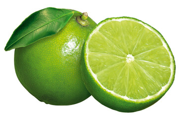 Limão cortado e limão inteiro com folha em fundo branco - Lima com folha