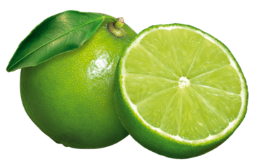 Limão cortado e limão inteiro com folha em fundo branco - Lima com folha
