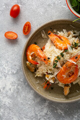 Risotto with mussels and shrimps cheese  top view italian food