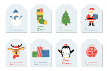 Set of Christmas and holidays gift tags. Labels with gift boxes, penguin, Santa Claus, Christmas deer and Christmas tree