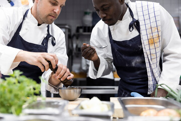 Male chefs preparing food in kitchen of restaurant