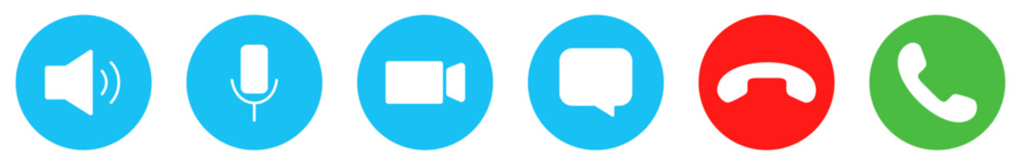 Set of Video call icons. Video conference. Collections buttons of on-line video chat app, internet talk, call technology. Web app ui display template. Videoconferencing and online meeting workspace