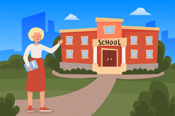 The teacher stands in front of the school building