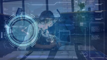 Animation of clock and network of connections over data processing on digital hands