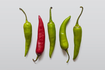 Few small hot chili peppers of green and red colors