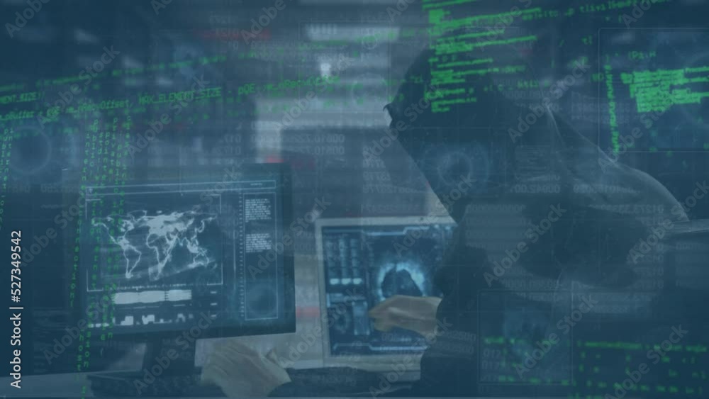 Poster animation of data processing over hacker with laptop