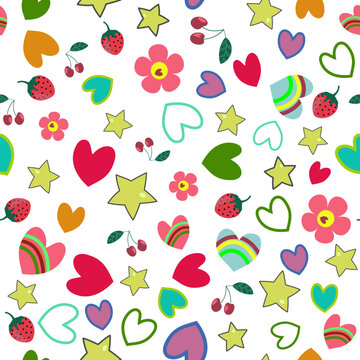 Seamless pattern of hearts with berries and flowers.