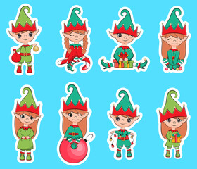 Obraz na płótnie Canvas Cute little Santa helpers stickers pack. Christmas elf. Vector illustration.