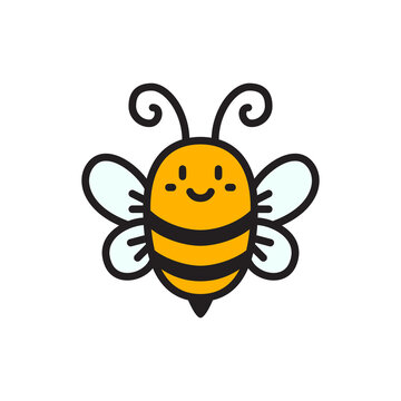 Cute bee with smile. Cartoon bumblebee sticker. Funny queen bee icon. Honeybee