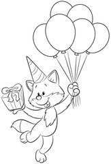 Niedlicher Fuchs der an Ballons fliegt mit einem Geschenk in der Hand - 527353707