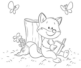Niedlicher Fuchs, der an einem Baumstamm lehnt und ein Buch liest