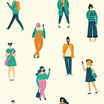 Seamless pattern with people walking on street, riding bike or skateboard. Backdrop with men, women and children performing outdoor activities. Flat vector illustration for textile print.