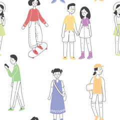 Set of teenagers wearing stylish clothes with telefone,skates and bags. Group of male and female cartoon characters dressed in trendy clothing. Flat vector illustration.