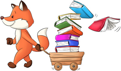 Niedlicher Fuchs zieht einen Bollerwagen mit vielen Büchern - 527354783