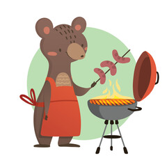 BBQ cute vector illustration. Bear cookâ€™s sausages on the bbq party. Vector illustration for invitation
