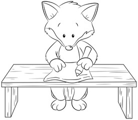 Niedlicher Fuchs der an einem Tische sitzt und etwas schreibt
