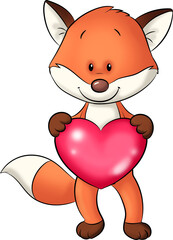 Niedlicher Fuchs hält ein großes Herz in den Pfoten - 527355152