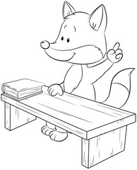 Niedlicher Fuchs sitzt an einem Schultisch und meldet sich