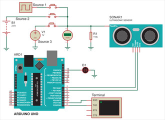 Arduino uno scheme of processing keystrokes and displaying information on an terminal. Vector circuit of a1 format of arduino uno and ultrasonic sensor.
