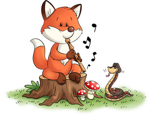 Niedlicher Fuchs spielt eine Flöte