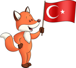 Niedlicher Fuchs mit einer türkischen Flagge in der Hand
