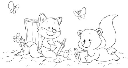 Ein Fuchs und ein Polarfuchs entspannen und lesen in der Natur - 527356359