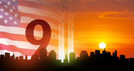 September 11 Tribute In Light Art Installation in the Lower Manhattan New York City Skyline at Sunset with USA flag and birds flying up like souls. 9.11 date concept. American Patriot Day banner.