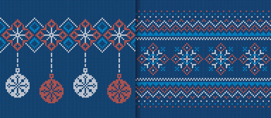 Christmas seamless pattern. Blue knitted prints. Knit sweater texture. Set Xmas winter background. Holiday fair isle traditional ornament. Festive ugly crochet. Wool pullover. Vector illustration
