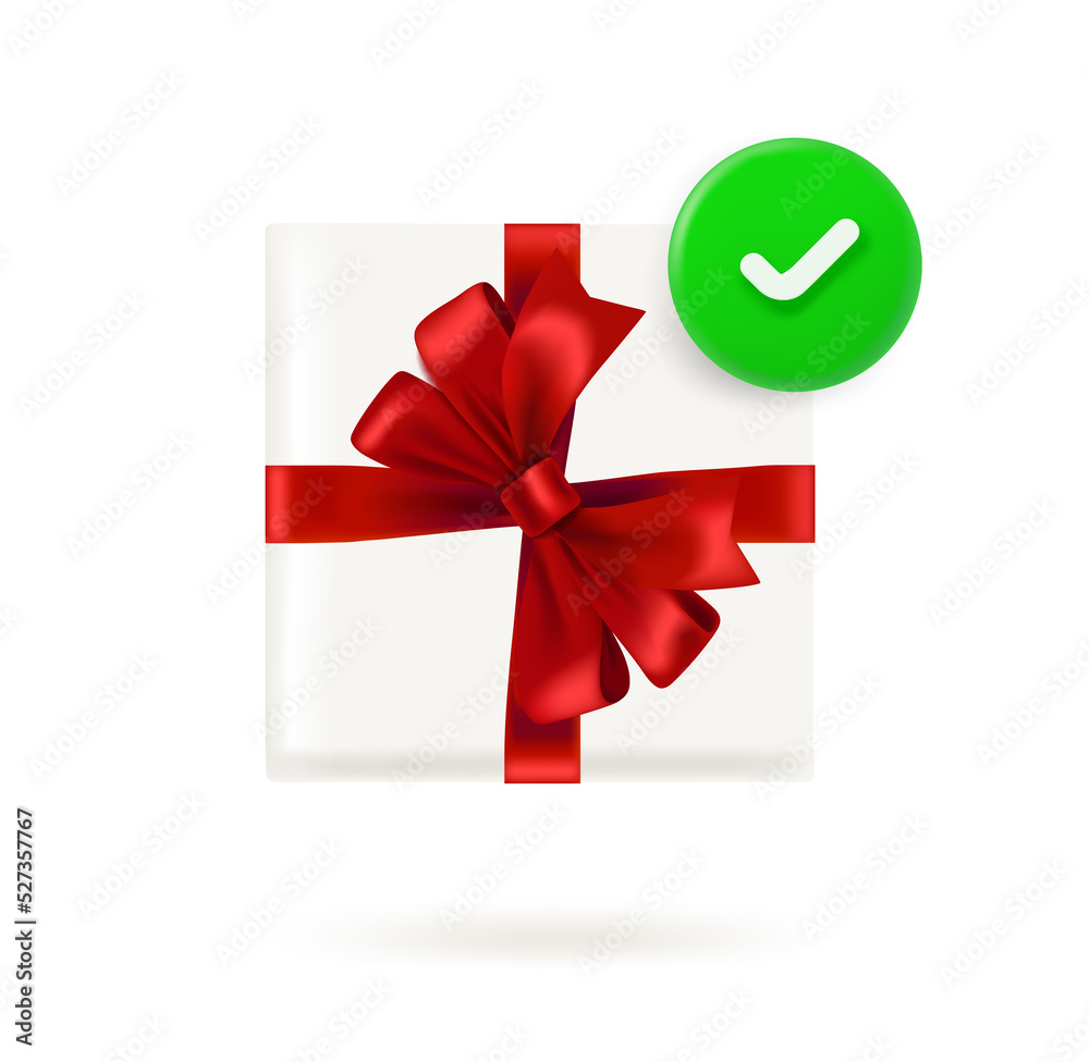 Poster holiday box icon with checkmark. 3d vector icon